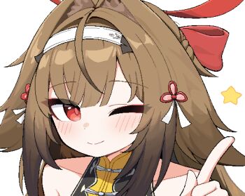 1girl bare_shoulders blush brown_hair china_dress chinese_clothes clover clover_hair_ornament collarbone dress droopy_ears hair_intakes hair_ornament hairband index_finger_raised long_hair looking_at_viewer one_eye_closed portrait red_eyes red_ribbon ribbon simple_background solo star_(symbol) tagyeokgam white_background white_hairband ye_shunguang zenless_zone_zero