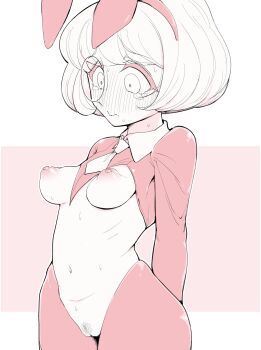 1girl andromalius_(megido72) animal_ear_hairband animal_ears blush bob_cut breasts commentary_request cowboy_shot fake_animal_ears female_pubic_hair hairband highres hiphighs inarou_(rakugakiproject) limited_palette medium_breasts megido72 monocle navel nervous_sweating nipples perky_breasts petite pubic_hair pussy rabbit_ear_hairband rabbit_ears raised_inner_eyebrows red_theme reverse_bunnysuit reverse_outfit ribs short_hair shrug_(clothing) solo sparse_pubic_hair sweat tearing_up uncensored
