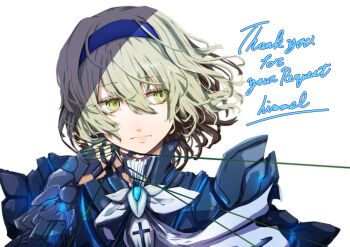 1girl alice_margatroid alternate_color ascot blue_hairband green_eyes green_hair hairband highres jewelry nuru_himmel puppet_rings puppet_strings ring short_hair simple_background solo touhou white_background