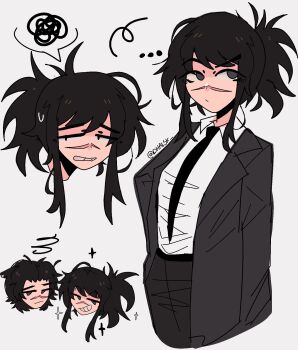 Rule 34 | ..., 1boy, 1girl, black hair, black necktie, chainsaw man, collared shirt, dhalsk, formal clothes, happy, highres, kurose yuutarou, long coat, looking to the side, medium hair, necktie, scar, scar on face, shirt, sidelocks, simple background, smile, squiggle, star (symbol), suit, sweat, tendou michiko, twitter username, white background, worried