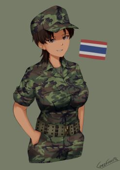 1girl absurdres belt black_hair breasts brown_eyes camouflage camouflage_headwear camouflage_jacket camouflage_pants cold_war commentary dog_tags green_background green_belt green_shirt grin grzegorz1996 hands_in_pockets highres jacket large_breasts looking_at_viewer military military_fatigues military_rank_insignia military_uniform original pants royal_thai_army shirt signature simple_background sleeves_rolled_up smile thai_flag thailand
