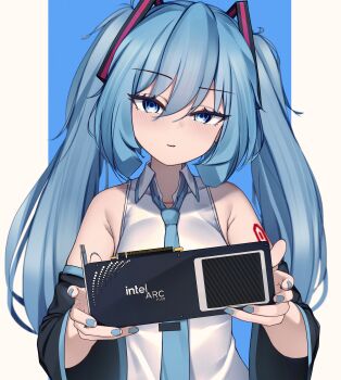 1girl absurdres arm_tattoo baidunano black_sleeves blue_eyes blue_hair blue_nails blue_necktie commentary detached_sleeves graphics_card grey_shirt hair_between_eyes hands_up hatsune_miku highres intel long_hair necktie parted_lips shirt sleeveless sleeveless_shirt solo tattoo twintails upper_body vocaloid wing_collar