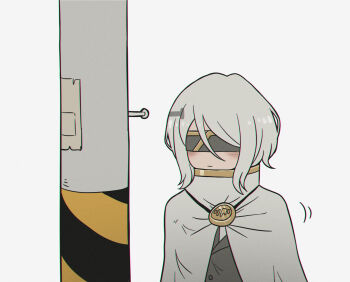 1girl black_jacket black_necktie blindfold expressionless faust_(project_moon) grey_background grey_hair highres index_(identity)_(project_moon) jacket limbus_company misg1111 necktie project_moon simple_background solo upper_body utility_pole