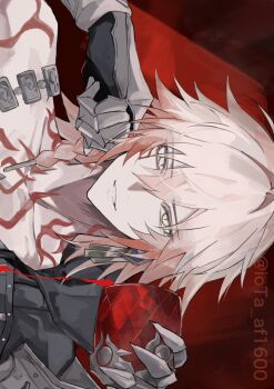 Rule 34 | 1boy, black coat, blonde hair, braid, chest tattoo, clawed gauntlets, coat, cup, earrings, facial tattoo, gold earrings, gold necklace, gradient hair, head rest, highres, holding, holding cup, honkai: star rail, honkai (series), iota 1600, jewelry, male focus, medium hair, multicolored hair, mydei (honkai: star rail), neck tattoo, necklace, open clothes, open coat, pouring, red hair, red tattoo, side braid, sideways, solo, tattoo, twitter username, yellow eyes