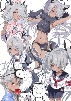 1boy 1girl :d :o ^_^ absurdres alternate_costume alternate_hairstyle animal_ear_fluff animal_ears apron arm_behind_head armband armpits arms_behind_back black_dress black_fur black_gloves black_ribbon black_sailor_collar black_shirt black_skirt blue_archive blue_kimono blush braid braided_bun breasts candy_apple chibi chibi_inset cleavage closed_eyes closed_mouth commentary cosplay cowboy_shot dark-skinned_female dark_skin doodle_sensei_(blue_archive) dress enmaided fake_animal_ears floating_hair food frilled_apron frills frown fur-trimmed_gloves fur_scarf fur_trim gloves grey_hair hair_behind_ear hair_between_eyes hair_bun hair_intakes hair_over_one_eye hair_ribbon hair_spread_out halloween_costume halo hand_up hands_on_own_hips hat heart highres holding holding_candy_apple holding_food holding_syringe iori_(blue_archive) japanese_clothes jitome kazusa_(blue_archive) kazusa_(blue_archive)_(cosplay) kazusa_(halloween)_(blue_archive) kimono long_bangs long_hair long_sleeves looking_at_another looking_at_viewer lying maid maid_apron maid_headdress miniskirt mochini multiple_views navel neck_ribbon neckerchief nurse nurse_cap on_back one_eye_closed open_mouth outline parted_lips pink_dress pleated_skirt pointy_ears portrait puffy_short_sleeves puffy_sleeves purple_halo red_armband red_eyes red_neckerchief red_ribbon ribbon sailor_collar school_uniform sensei_(blue_archive) serafuku serina_(blue_archive) serina_(blue_archive)_(cosplay) serina_(nurse)_(blue_archive) shirt short_sleeves sidelocks simple_background single_hair_bun skirt sleeveless sleeveless_shirt small_breasts smile solo_focus split_mouth stomach straight_hair sweat sweatdrop syringe tsurime twintails two_side_up upper_body v-shaped_eyebrows very_long_hair white_apron white_background white_outline white_shirt wolf_ears