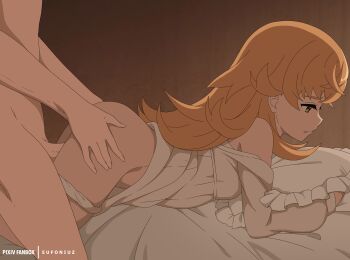 1boy 1girl anime_coloring artist_name ass bed blonde_hair brown_eyes commentary doggystyle dress eufoniuz fanbox_username from_side grabbing_another&#039;s_ass groping hands_on_another&#039;s_ass has_bad_revision has_censored_revision hetero highres indoors juliette_(mushoku_tensei) loli long_hair lying md5_mismatch mushoku_tensei on_bed on_stomach panties panty_pull penis profile prone_bone rudeus_greyrat sex sex_from_behind solo_focus uncensored underwear vaginal white_dress