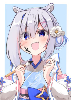 1girl :d absurdres amane_kanata amane_kanata_(new_year) animal_ear_fluff animal_ears batarop blue_background blue_hair blue_kimono blush border braid calligraphy_brush commentary_request eyes_visible_through_hair floral_print flower grey_hair hair_bun hair_flower hair_ornament hair_over_one_eye hairclip highres holding holding_paintbrush hololive japanese_clothes kemonomimi_mode kimono long_sleeves looking_at_viewer multicolored_hair obi open_mouth paintbrush pink_hair print_kimono purple_eyes ribbon-trimmed_sleeves ribbon_trim sash single_hair_intake single_side_bun smile solo streaked_hair two-tone_hair upper_body virtual_youtuber white_border white_flower wide_sleeves x_hair_ornament