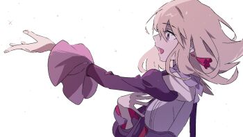 1girl bang_dream! bang_dream!_it&#039;s_mygo!!!!! blonde_hair commentary detached_sleeves doloris_(bang_dream!) earrings hand_up hashtag-only_commentary highres jewelry medium_hair misumi_uika mkun606 simple_background solo sparkle upper_body white_background