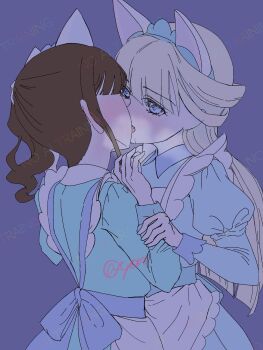 2girls animal_ears apron blonde_hair blue_dress blue_eyes blush brown_hair cat_ears commentary_request dress french_kiss highres holding_another&#039;s_wrist juliet_sleeves kiss long_hair long_sleeves maid maid_apron multiple_girls nekoyashiki_mayu nekoyashiki_yuki precure puffy_sleeves side_ponytail sumihira_tyora watermark white_apron wonderful_precure! yuri