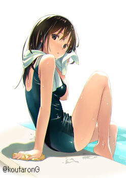 1girl :o arm_support bare_arms bare_legs bare_shoulders barefoot black_one-piece_swimsuit blush breasts brown_eyes brown_hair commentary_request from_side hair_between_eyes koutaro long_hair looking_at_viewer looking_to_the_side medium_breasts one-piece_swimsuit original parted_lips solo swimsuit towel towel_around_neck twitter_username water wet wet_hair