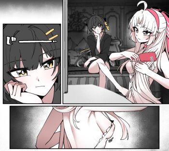 2girls ahoge back bedroom black_bow black_hair black_robe bow breasts carlotta_(wuthering_waves) closed_mouth commentary_request crossed_legs dress female_rover_(wuthering_waves) hair_bow hair_ornament hair_ribbon hairband hairclip highres indoors long_hair looking_at_another looking_at_breasts multiple_girls navel paid_reward_available parallel_hairclips parted_bangs pink_bow pink_hairband ribbon robe rover_(wuthering_waves) small_breasts starblame striped_bow wuthering_waves yellow_eyes yellow_ribbon yuri