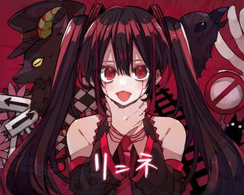 1girl alternate_eye_color alternate_hair_color bare_shoulders bird black_shirt black_sleeves brown_hair closed_mouth commentary_request detached_sleeves double-parted_bangs goat hair_between_eyes hands_on_own_neck hatsune_miku kaho_0102 long_hair long_sleeves looking_at_viewer necktie red_eyes red_necktie road_sign shirt sign sleeveless sleeveless_shirt solo stop_sign tongue tongue_out twintails upper_body vocaloid