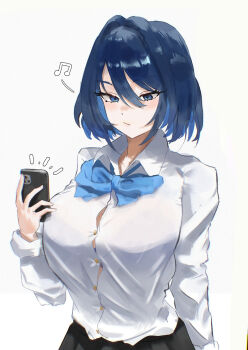 1girl blue_eyes blue_hair breasts buttons cellphone dress_shirt hair_between_eyes hair_intakes highres hololive hololive_english large_breasts ouro_kronii phone ribbon shirt skirt smartphone tomosakaaa virtual_youtuber white_shirt
