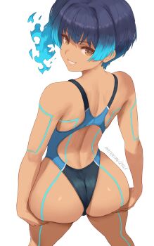 1girl alternate_costume ass ass_focus ass_support back_cutout black_one-piece_swimsuit blue_hair blue_one-piece_swimsuit body_markings brown_eyes clothing_cutout competition_swimsuit dark-skinned_female dark_skin feet_out_of_frame from_behind highleg highleg_one-piece_swimsuit highres huge_ass looking_at_viewer looking_back median_furrow one-piece_swimsuit sena_(xenoblade) simple_background smile solo standing swimsuit white_background xenoblade_chronicles_(series) xenoblade_chronicles_3 zelc-face
