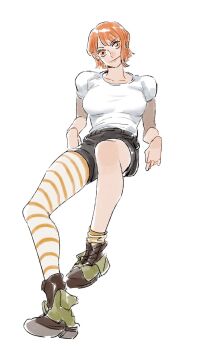 1girl asymmetrical_legwear boots breasts brown_boots brown_shorts closed_mouth commentary elbow_rest full_body highres invisible_chair large_breasts looking_at_viewer mcbuckwheat nami_(one_piece) official_alternate_costume one_piece orange_eyes orange_hair shirt short_hair short_sleeves shorts single_sidelock single_thighhigh sitting smile solo straight-on striped_clothes striped_thighhighs symbol-only_commentary thighhighs white_background white_shirt