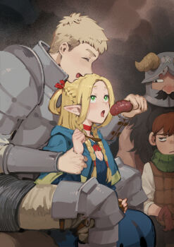 1girl 3boys annoyed armor beard blonde_hair blue_capelet blue_robe blush braid breasts brown_gloves capelet chilchuck_tims chinese_commentary choker cleavage closed_eyes commentary doehorn dungeon_meshi dwarf facial_hair fake_horns feeding feet_out_of_frame food gloves green_eyes green_scarf hair_rings half_up_braid helmet highres holding holding_another&#039;s_wrist holding_spoon hood hooded_capelet horned_helmet horns knee_armor laios_touden leather_armor long_beard long_hair looking_at_another looking_to_the_side looking_up marcille_donato medium_breasts multiple_boys mustache open_mouth parted_bangs plate_armor pointy_ears profile red_choker robe sausage scarf senshi_(dungeon_meshi) sexually_suggestive short_hair side_braids sitting spoon thick_mustache tongue tongue_out vambraces