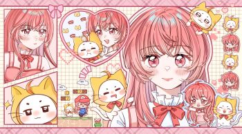 Rule 34 | 1girl, :3, = =, absurdres, animal, animal on head, animal on shoulder, aoetntnov23, bloom poetry (shining nikki), blue outline, blue overalls, border, bow, bowtie, brown shoes, cat, cat on head, cat on shoulder, chinese commentary, cloak, closed mouth, clothed animal, cloud, coin, collared shirt, commentary request, cosplay, cross-laced clothes, cross-laced dress, crossed bangs, determined, dot nose, dress, dress ribbon, drooling, ear covers, eyelashes, fake facial hair, fake mustache, frilled shirt collar, frilled sleeves, frills, gloves, gold buttons, gold coin, grid background, happy, hat, head tilt, highres, hood, hood up, hooded cloak, letterboxed, light blush, lipstick, long dress, long hair, long sleeves, loose hair strand, makeup, mario, mario (cosplay), mario (series), mary janes, momo (nikki), multiple views, newsboy cap, nikki (nikki), nikki (series), nintendo, notice lines, on head, open mouth, outline, overalls, pinafore dress, pink border, pink dress, pink eyes, pink hair, pink outline, piranha plant, red bow, red bowtie, red hat, red ribbon, red shirt, red shoes, ribbon, running, shining nikki, shirt, shoes, sidelocks, sleeveless, sleeveless dress, sleeves past wrists, smile, socks, straight hair, teeth, upper teeth only, very long hair, white cat, white gloves, white outline, white shirt, white socks, yellow background, yellow cloak