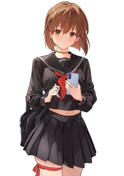 1girl absurdres b1ack_illust bag black_bag black_sailor_collar black_serafuku black_shirt black_skirt blunt_ends brown_eyes brown_hair cellphone closed_mouth commentary_request cowboy_shot earrings fingernails hagiwara_yukiho hair_ornament hairclip highres holding holding_phone idolmaster idolmaster_(classic) jewelry leg_ribbon long_sleeves looking_at_viewer midriff_peek navel neckerchief phone pleated_skirt red_neckerchief red_ribbon ribbon sailor_collar school_uniform serafuku shirt short_hair shoulder_bag simple_background skirt smartphone solo standing thigh_ribbon white_background