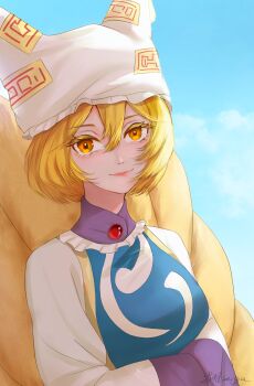 Rule 34 | 1girl, absurdres, artist name, blonde hair, blue tabard, breasts, closed mouth, cloud, commentary request, day, dress, hat, highres, kitsune, kyuubi, light smile, long sleeves, looking at viewer, medium breasts, mob cap, multiple tails, ofuda, ofuda on clothes, outdoors, own hands together, short hair, sky, solo, suiya seiga, tabard, tail, teeth, touhou, upper teeth only, white dress, white hat, yakumo ran, yellow eyes