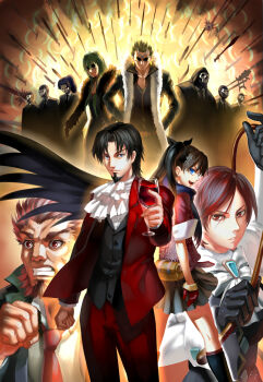 Rule 34 | 3girls, 6+boys, ace attorney, ace attorney investigations, ascot, assassin (fate/zero), beard, black hair, blonde hair, blue eyes, blue hair, brown hair, capcom, cosplay, dick gumshoe, dick gumshoe (cosplay), enkidu (fate), facial hair, fate/strange fake, fate/zero, fate (series), feather boa, female assassin (fate/zero), formal clothes, franziska von karma, franziska von karma (cosplay), gate of babylon (fate), gilgamesh (fate), goatee, green eyes, green hair, highres, iskandar (fate), itonokogiri keisuke (cosplay), kay faraday, mikumo ichijou, mikumo ichijou (cosplay), miles edgeworth, miles edgeworth (cosplay), multiple boys, multiple girls, necktie, otaku (artist), parody, phoenix wright: ace attorney, phoenix wright: ace attorney - justice for all, ponytail, red eyes, red hair, scarf, shi-long lang, shi-long lang (cosplay), shih-na, shih-na (cosplay), sola-ui nuada-re sophia-ri, suit, sunglasses, tohsaka rin, tohsaka tokiomi, two side up, whip