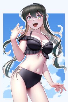 1girl bikini black_bikini black_hair blue_sky border braid breasts cloud cowboy_shot criss-cross_straps frilled_bikini frills front-tie_bikini_top front-tie_top hairband kantai_collection long_hair looking_at_viewer low_twin_braids medium_breasts multicolored_hair naganami_(kancolle) naganami_kai_ni_(kancolle) naganami_kai_ni_(swimsuit)_(kancolle) navel open_mouth pink_hair porupurucha sky solo swimsuit twin_braids two-tone_hair wavy_hair white_border white_hairband yellow_eyes