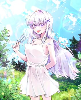 1girl arm_behind_back artist_request ayatsuno_yuni blue_sky closed_mouth commentary_request cowboy_shot day dress floating_hair food food_bite grey_hair hair_between_eyes hair_ornament hand_up highres holding holding_food holding_popsicle korean_commentary long_bangs long_hair looking_at_viewer melting_popsicle nature outdoors plant popsicle purple_eyes second-party_source sky sleeveless sleeveless_dress solo standing stellive straight_hair tongue tongue_out very_long_hair virtual_youtuber white_dress x_hair_ornament