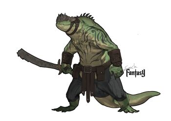 absurdres artist_name belt gauntlets helmet highres holding holding_sword holding_weapon jewelry leather_belt monster necklace no_humans original pants red_eyes simple_background sonech sword tail tail_ornament weapon white_background