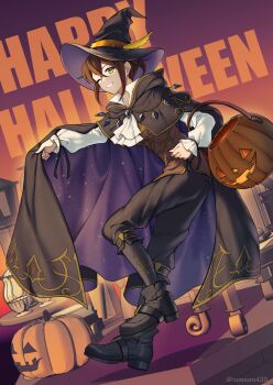 1girl ascot black_cape black_pants black_socks blue_gemstone brown_hair brown_vest cape clenched_hand commentary_request cosplay cup cyrus_albright cyrus_albright_(cosplay) full_body gem gold_trim green_eyes grin halloween halloween_bucket halloween_costume happy_halloween hat highres jack-o'-lantern knee_up looking_at_viewer mmr4304 octopath_traveler octopath_traveler_i one_eye_closed pants purple_cape shirt short_hair smile socks solo teacup tressa_(octopath_traveler) tressa_colzione twitter_username two-sided_cape two-sided_fabric vest white_ascot white_shirt witch_hat