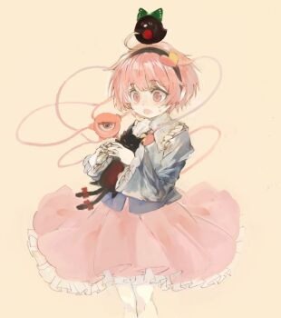 Rule 34 | 1girl, animal, animal on head, bird, bird on head, blouse, blue shirt, bow, buttons, cat, collar, commentary request, frilled collar, frilled sleeves, frills, green bow, heart button, holding, holding animal, holding cat, kaenbyou rin, kaenbyou rin (cat), komeiji satori, konabetate, long sleeves, looking at another, looking at viewer, multiple tails, on head, petticoat, pink eyes, pink hair, pink skirt, red bow, reiuji utsuho, reiuji utsuho (bird), shirt, short hair, skirt, solo, tail, tail bow, tail ornament, third eye, touhou, two tails, wide sleeves