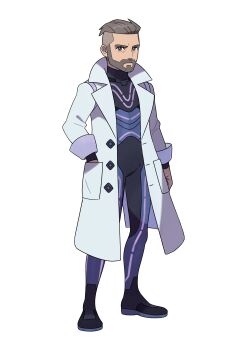 1boy absurdres arm_at_side artist_request beard blue_bodysuit bodysuit bodysuit_under_clothes brown_eyes brown_hair buttons closed_mouth coat connected_beard facial_hair forehead full_body hand_in_pocket highres lab_coat lapels looking_at_viewer male_focus mustache nintendo notched_lapels official_art open_clothes open_coat outline pocket pokemon pokemon_sv short_hair simple_background solo transparent_background professor_turo v-shaped_eyebrows white_coat white_outline