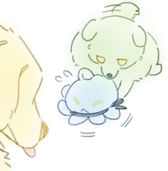 Rule 34 | > <, :<, animal, animal focus, animalization, bang dream!, bang dream! it's mygo!!!!!, chinese commentary, closed eyes, commentary request, dog, flying sweatdrops, golden retriever, green fur, looking at another, misumi uika, motion lines, no humans, octopus, profile, simple background, tail, tail wagging, togawa sakiko, tongue, tongue out, wakaba mutsumi, white background, x<, yellow eyes, yellow fur, yukikuma (yukikuma 018)