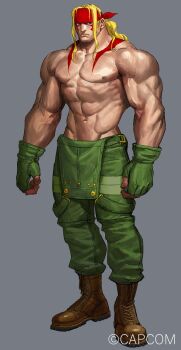 Rule 34 | 1boy, abs, alex (street fighter), bandana, bara, biceps, blonde hair, blue eyes, boots, capcom, facepaint, fingerless gloves, frown, full body, gloves, green gloves, grey background, headband, highres, lace-up boots, large pectorals, long hair, looking at viewer, male focus, muscular, muscular male, navel, nipples, official art, overalls, pants, pectorals, ponytail, red headband, simple background, solo, standing, stomach, street fighter, street fighter iii (series), takayuki nakayama, tattoo, thick eyebrows, topless male, veins