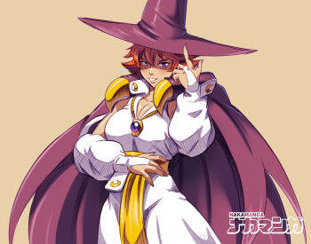 Rule 34 | 1girl, absurdres, artist name, blue eyes, bodysuit, breasts, capcom, cape, cleavage, clothing cutout, detached sleeves, fingernails, hair between eyes, hat, highres, jewelry, looking at viewer, nakamanga, necklace, red hair, short hair, simple background, sketch, smile, solo, tabasa, warzard, white bodysuit, witch, witch hat, yellow background