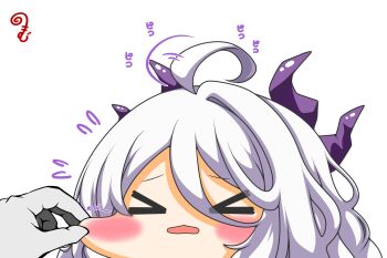 &gt;_&lt; 1girl 1other ahoge blue_archive blush_stickers cheek_pull chibi closed_eyes commentary_request flying_sweatdrops grey_hair hair_between_eyes highres hina_(blue_archive) horns kurukurumagical open_mouth out_of_frame simple_background single_hair_intake solo_focus translation_request white_background