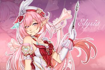 1girl beret breasts character_name cleavage diamond-shaped_pupils diamond_(shape) dress earrings elf elysia_(hi_love_elf)_(honkai_impact) elysia_(honkai_impact) gloves hashtag-only_commentary hat heart heart_earrings highres holding_ribbon_baton honkai_(series) honkai_impact_3rd instrument jewelry krerue large_breasts long_hair pink_background pink_hair pointy_ears purple_eyes red_dress single_glove smile solo symbol-shaped_pupils trumpet very_long_hair white_dress white_gloves zoom_layer