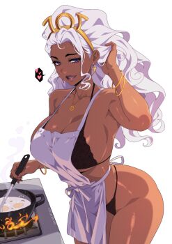 1girl apron blue_eyes breasts cam_the_art_guy cooking curvy dark-skinned_female dark_skin earrings highres jewelry large_breasts lightning_bolt_earrings lightning_bolt_symbol lingerie long_hair marvel shirt solo storm_(x-men) underwear white_apron white_shirt x-men