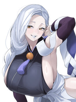 1girl absurdres arm_behind_head arm_up armpits bare_shoulders black_shirt blue_lips blush braid breasts bridal_gauntlets clothing_cutout commentary_request detached_sleeves doridor earrings eyeliner fate/grand_order fate_(series) grin hakama hakama_skirt hebi_nyoubou_(fate) hebi_nyoubou_(first_ascension)_(fate) highres hip_vent japanese_clothes jewelry large_breasts long_hair makeup shirt sideboob skirt sleeveless sleeveless_shirt smile solo tassel tassel_earrings white_hair white_hakama yellow_eyes