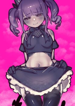 1girl absurdres animal_ears bai_weizi_lingzi bang_dream! bare_shoulders blunt_bangs blush breasts cat_ears cat_tail closed_mouth clothes_lift commentary_request cowboy_shot cropped_shirt drill_hair frilled_skirt frills garter_straps gloves half-closed_eyes heart heart-shaped_pupils highres long_hair looking_down medium_breasts miniskirt navel neck_ribbon pink_background pink_eyes purple_hair ribbon skirt skirt_lift sleeveless solo symbol-shaped_pupils tail thighhighs twin_drills twintails udagawa_ako
