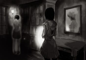 2girls aura breasts closed_mouth dress fatal_frame fatal_frame:_mask_of_the_lunar_eclipse flashlight gauss_&lt;bokashi greyscale highres minazuki_ruka mirror monochrome multiple_girls reflection short_hair skirt tsukimori_madoka variant_set