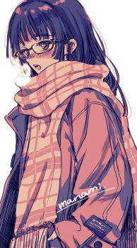 Rule 34 | 1girl, artist name, black-framed eyewear, black hair, blush, breath, coat, cold, commentary, from side, glasses, limited palette, long hair, long sleeves, open mouth, original, plaid clothes, plaid scarf, scarf, signature, simple background, sleeves past wrists, solo, sugano manami, symbol-only commentary, teeth, upper teeth only, white background, winter clothes