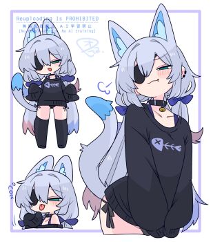 1boy :3 animal_ear_fluff animal_ears bell black_choker black_collar black_panties black_sweater black_thighhighs blue_bow blue_eyes blue_hair blue_scrunchie blush bow bra_strap bulge cat_boy cat_ears cat_tail choker collar collarbone colored_inner_animal_ears colored_tips commentary cowboy_shot crossdressing crossdressing_(mtf) earclip extra_ears eyepatch fang fish_skeleton fish_skeleton_print flipped_hair full_body furrowed_brow grey_hair hair_between_eyes hair_bow hair_intakes hair_ornament hair_scrunchie hand_up hands_up highres light_blush long_hair long_sleeves looking_at_viewer male_focus multicolored_hair multiple_views narrowed_eyes neck_bell no_nose no_pants one_eye_covered op_na_yarou open_mouth original panties panty_peek portrait print_sweater puff_of_air quad_tails raised_eyebrows red_hair rigel_(op_na_yarou) scrunchie side-tie_panties sidelocks simple_background sleeves_past_fingers sleeves_past_wrists standing straight_hair sweater tail thighhighs tongue tongue_out trap underwear v_arms very_long_hair watermark white_background