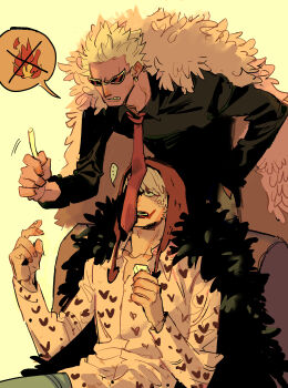 2boys absurdres black_coat blonde_hair cigarette coat commentary_request donquixote_doflamingo hat heart heart_print highres male_focus multiple_boys munagepai necktie one_piece pink_coat red-tinted_eyewear red_hat red_lips red_necktie sitting speech_bubble standing tinted_eyewear upper_body yellow_background