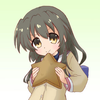 Rule 34 | >:), 1girl, blazer, blush, clannad, closed mouth, commentary request, gradient background, green background, green hair, hair between eyes, highres, hikarizaka private high school uniform, holding, holding star, ibuki fuuko, jacket, long hair, long sleeves, looking at viewer, school uniform, simple background, smile, smug, soap bubbles, solo, split mouth, star (symbol), tareme, tumuroido, v-shaped eyebrows, wide sleeves, yellow eyes, yellow jacket