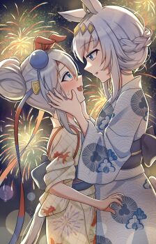 2girls aerial_fireworks alternate_hairstyle animal_ears blue_eyes blush braid commentary ear_covers fireworks from_side grey_hair hair_bun hair_ornament hands_on_another&#039;s_face highres horse_ears horse_girl horse_tail japanese_clothes kimono multiple_girls night night_sky oguri_cap_(umamusume) outdoors ribbon sky symbol-only_commentary tail tamamo_cross_(umamusume) umamusume user_njyp2785 yukata yuri