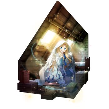 1girl artist_request attic barefoot bed blonde_hair blue_bow blue_dress blue_eyes book bow chest_bow chest_of_drawers child crate curtained_hair day dress filo_(tate_no_yuusha_no_nariagari) finger_to_mouth frilled_dress frilled_sleeves frills full_body game_cg grin kneeling light_particles long_hair long_sleeves looking_at_viewer official_art open_mouth simple_background smile solo sparkle straight_hair sunlight tate_no_yuusha_no_nariagari tate_no_yuusha_no_nariagari_rerise transparent_background two-tone_dress under_covers white_blanket white_dress wing_hairpin