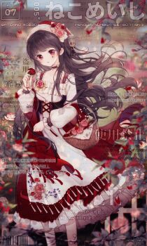 1girl animated animated_gif apron bandaged_leg bandages bandaid bandaid_on_leg barcode basket black_corset blinking blue_sky blurry blurry_background boqing_xiao_guafu brown_hair chinese_commentary choker closed_mouth commentary_request commission corset country_lolita cross-laced_clothes cross-laced_corset crossed_bandaids dated depth_of_field dress expressionless eyelashes facial_tattoo falling_petals feet_out_of_frame field floating_clothes floating_hair flower frilled_choker frilled_dress frilled_shirt frilled_sleeves frills fringe_trim happy headscarf highres holding holding_flower lake light_blush light_particles lolita_fashion long_dress long_hair long_sleeves original outdoors parted_lips petals pinafore_dress pink_flower pink_rose puffy_long_sleeves puffy_sleeves red_choker red_dress red_eyes red_flower red_headscarf red_rose rose shirt single_sidelock sky sleeveless sleeveless_dress smile solo spade_(shape) standing tareme tattoo very_long_hair white_apron white_shirt wind