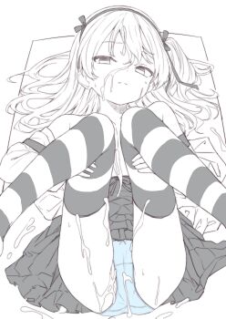 1girl absurdres blue_panties clothes_lift commentary_request cum cum_on_body cum_on_legs empty_eyes expressionless girls_und_panzer hair_spread_out highres knees_up long_hair looking_at_viewer lying monochrome on_back osanai_sanday panties shimada_arisu skirt skirt_lift solo spot_color striped_clothes striped_thighhighs thighhighs underwear
