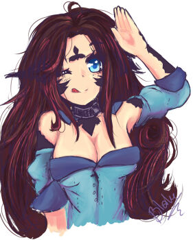 Rule 34 | 1girl, absurdres, artist name, blue eyes, detached sleeves, facial mark, female focus, forehead mark, gorget, highres, original, puffy sleeves, signature, solo, tinyqote