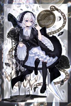 1girl black_choker black_dress blue_eyes breasts chain choker dress flower frills full_body gothic_lolita hair_between_eyes hairband high_heels highres izayoi_sakuya lolita_fashion long_sleeves looking_at_viewer neck_ribbon pantyhose petticoat ribbon rose sen_chan_(akane1023) short_hair solo touhou watermark wide_sleeves