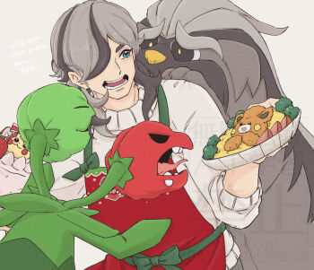 1boy a_nori apron arven_(holiday_2025)_(pokemon) arven_(pokemon) biting_hair blue_eyes character-themed_food commentary_request gen_1_pokemon hair_over_one_eye mabosstiff male_focus nintendo official_alternate_costume pawmot pikachu pokemon pokemon_(creature) pokemon_masters_ex red_apron scovillain sweater watermark white_sweater